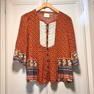 Anthropologie Maeve Hiver Blouse Button Front Lace Boho 3/4 Sleeve Ruffle Sz 10